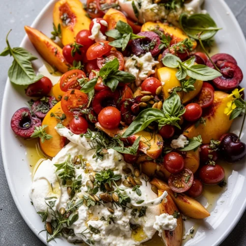 Delicious Tomato, Peach, and Burrata Salad for Summer 2 Tomato, peach, and burrata salad with fresh herbs and toasted bread
