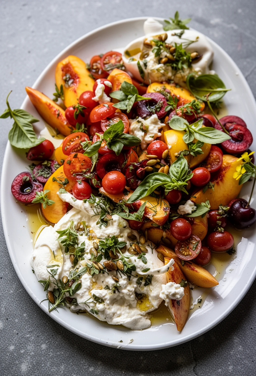 Tomato Peach Burrata Salad with Fresh Herbs Tomato, peach, and burrata salad with fresh herbs and toasted bread
