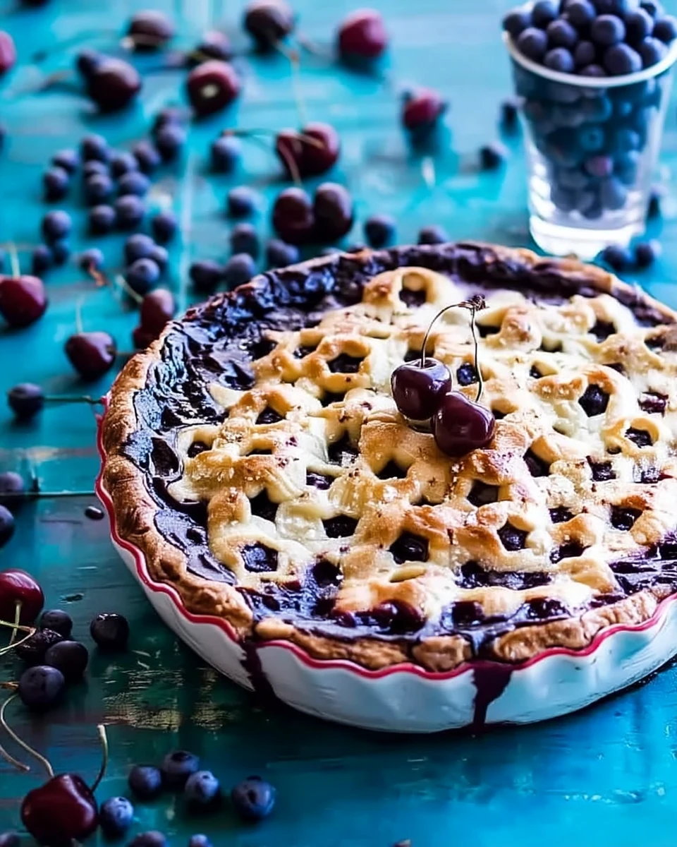 Vanilla bourbon cherry-blueberry pie with lattice crust and fresh berries