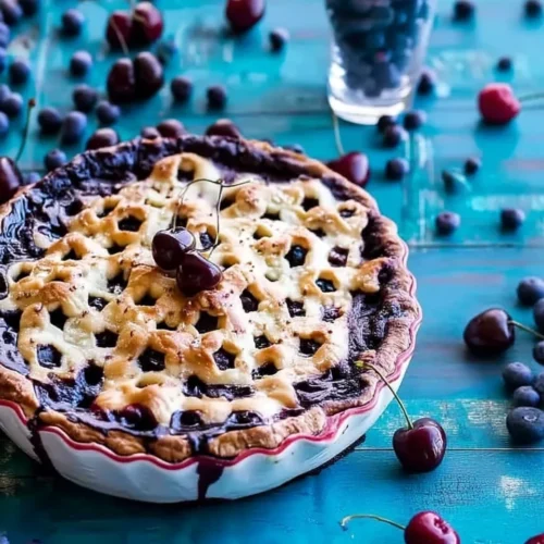 Vanilla bourbon cherry-blueberry pie with lattice crust and fresh berries