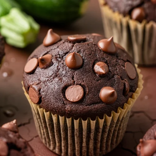 Vegan chocolate zucchini muffins with chocolate chips and fresh zucchini in background