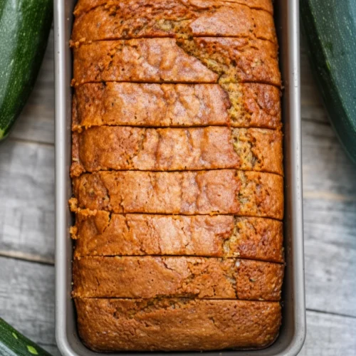 Moist vegan zucchini bread in a loaf pan with fresh zucchinis nearby