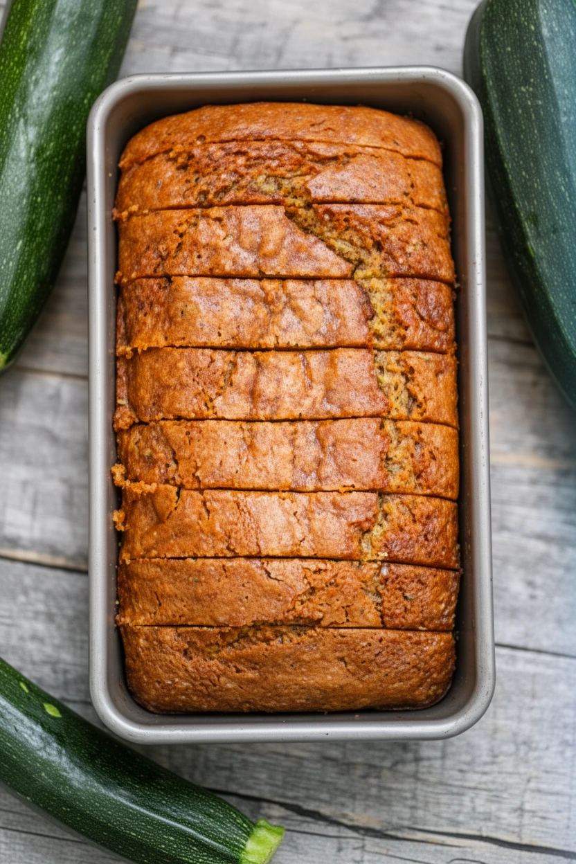 Moist vegan zucchini bread in a loaf pan with fresh zucchinis nearby