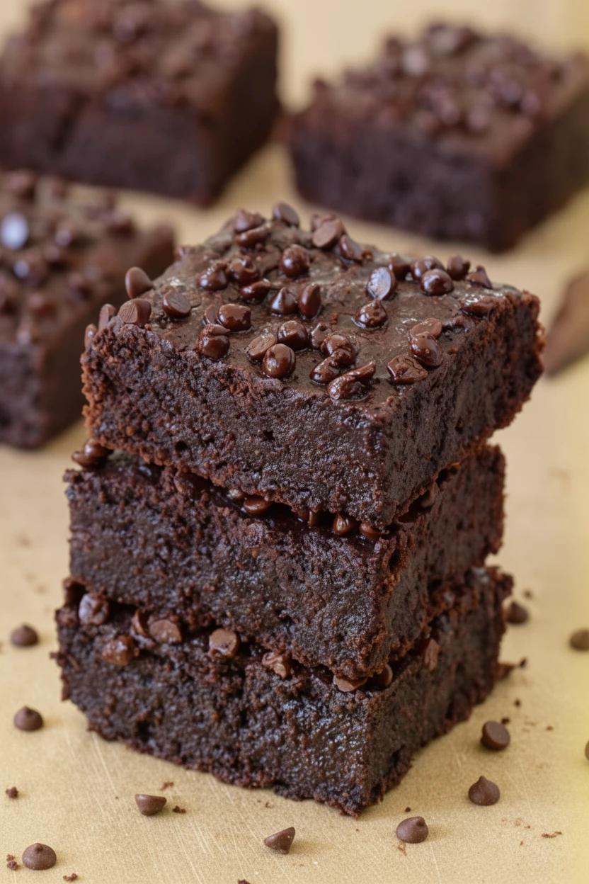 Stack of fudgy vegan zucchini brownies with chocolate chips