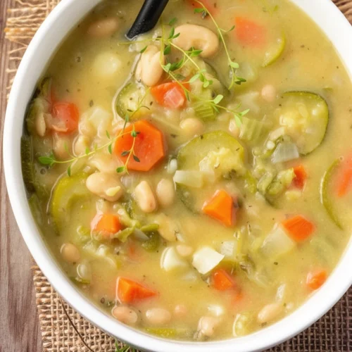 Creamy vegan zucchini soup with beans and vegetables in a white bowl