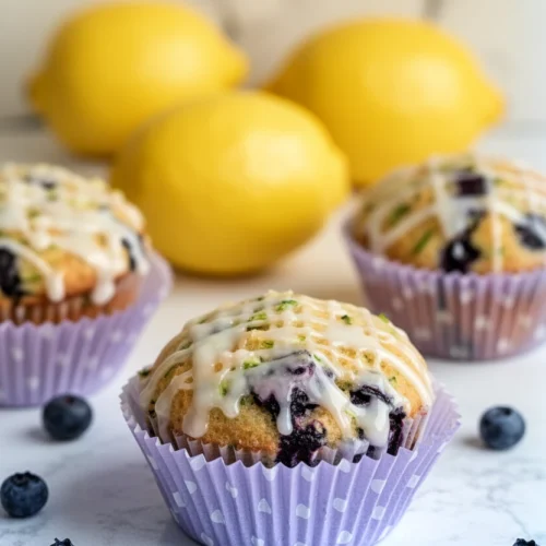 Zucchini blueberry muffins with sweet lemon glaze on a white surface with lemons and blueberries