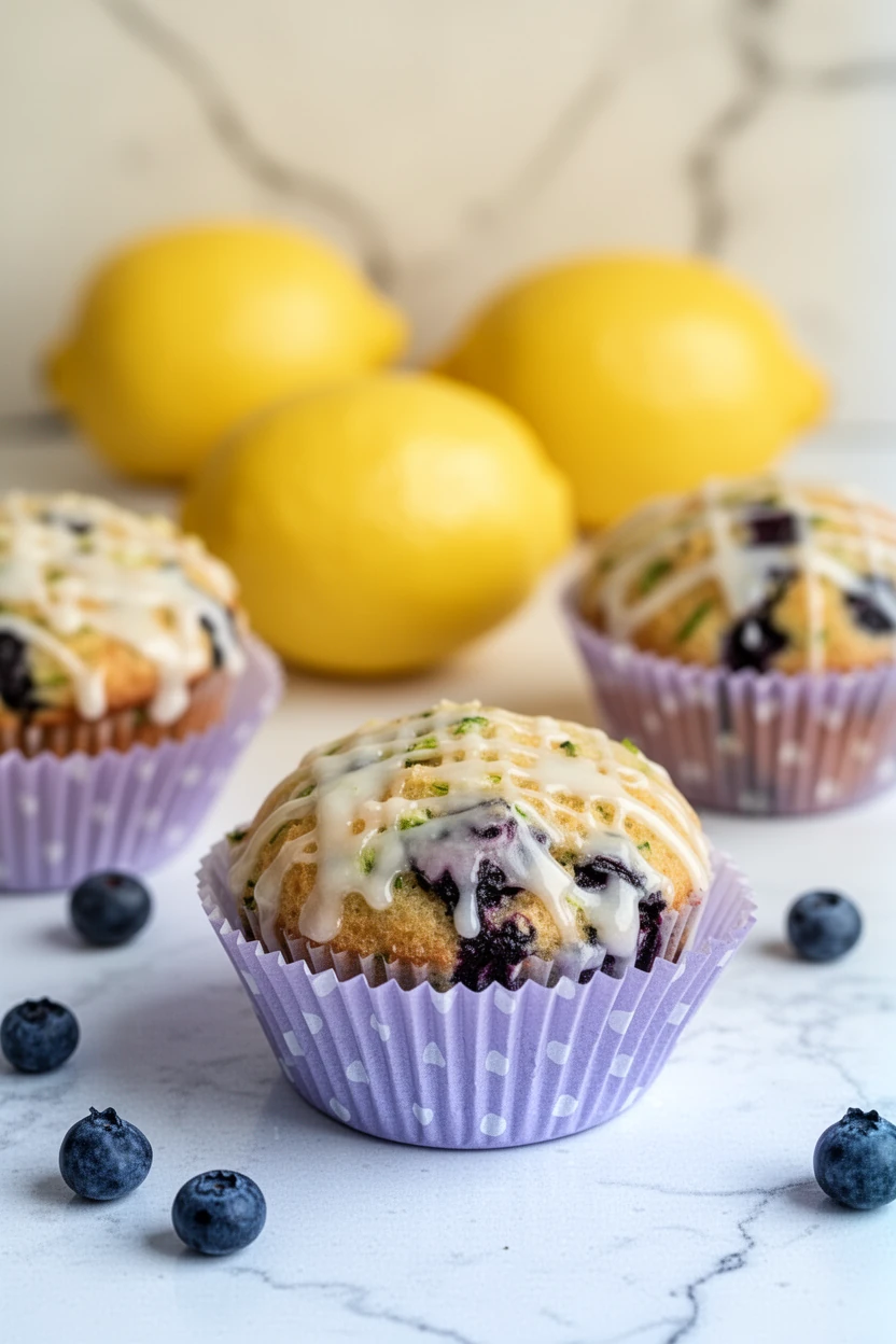 Zucchini blueberry muffins with sweet lemon glaze on a white surface with lemons and blueberries