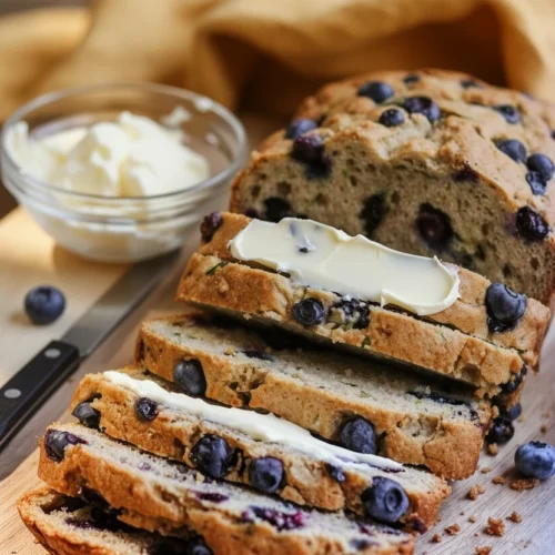 Sliced zucchini bread with blueberries on a wooden board with butter