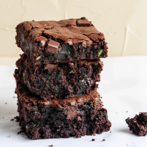 Moist zucchini brownies stacked with chocolate chunks, rich and fudgy texture