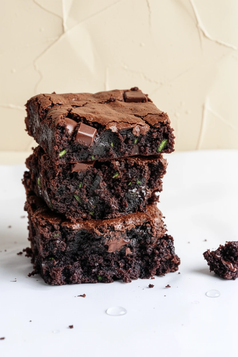 Moist zucchini brownies stacked with chocolate chunks, rich and fudgy texture
