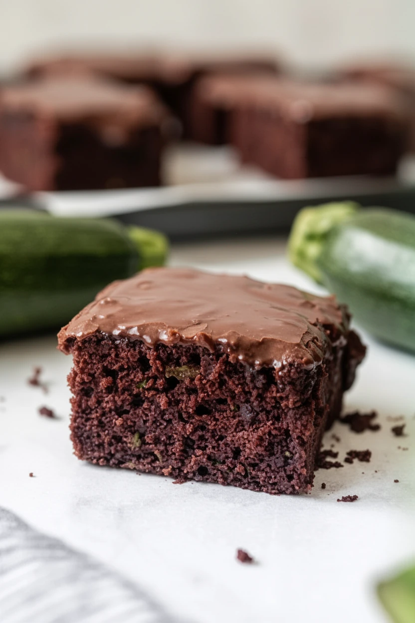 Moist zucchini brownie with chocolate icing, whole zucchinis in background