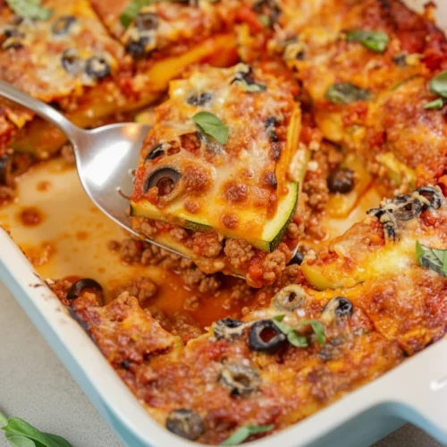 Zucchini casserole with ground beef, topped with melted cheese and fresh basil, served in a white dish