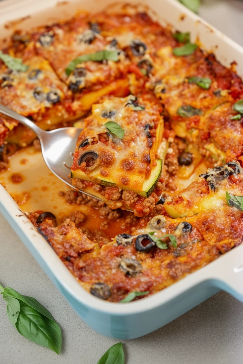 Zucchini casserole with ground beef, topped with melted cheese and fresh basil, served in a white dish