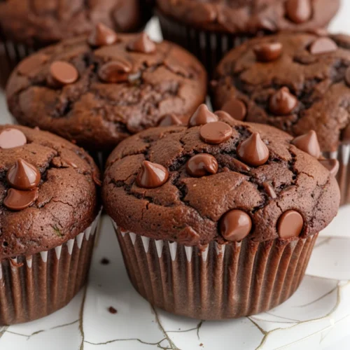 Zucchini Chocolate Muffins with Chocolate Chips: Indulgent and Easy 2 Moist zucchini chocolate muffins with chocolate chips on a white plate