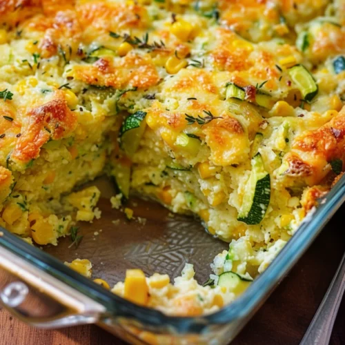 Delicious Zucchini Cornbread Casserole for Family Dinners 2 Golden zucchini cornbread casserole with melted cheese and visible zucchini and corn in a glass dish