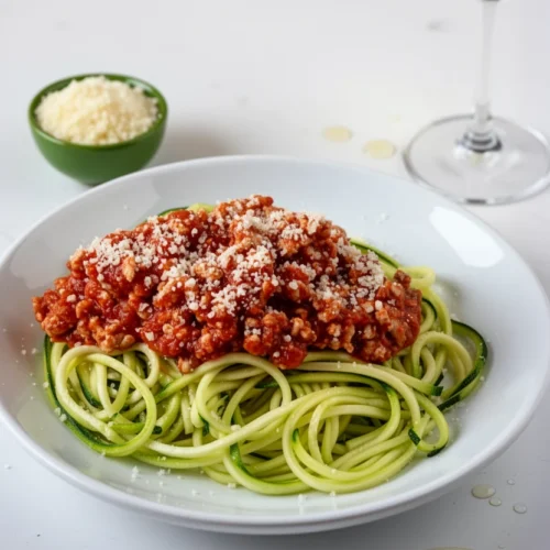 Zucchini Noodles with Turkey Bolognese: A Deliciously Healthy Option 2 Zucchini noodles with turkey bolognese topped with Parmesan cheese