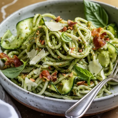 Zucchini pesto pasta with fresh basil, parmesan, and crispy pancetta in a speckled bowl