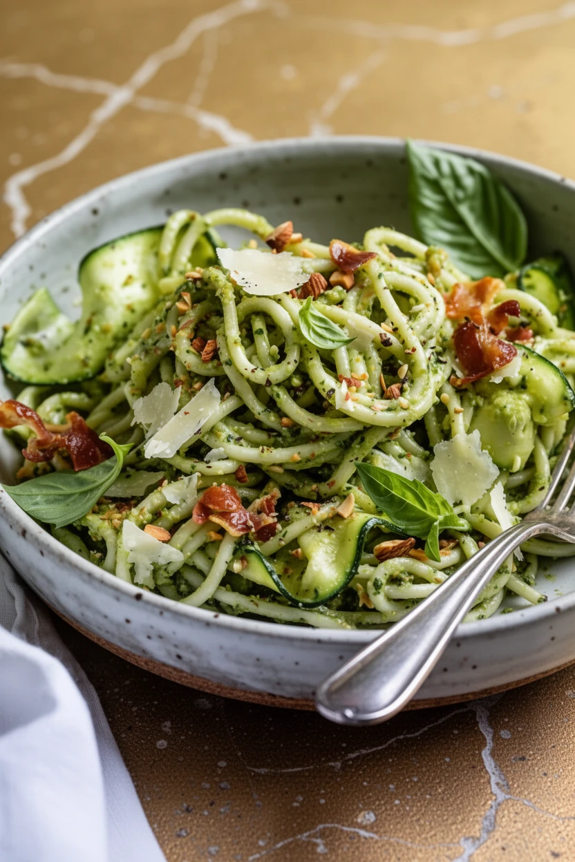 Zucchini pesto pasta with fresh basil, parmesan, and crispy pancetta in a speckled bowl