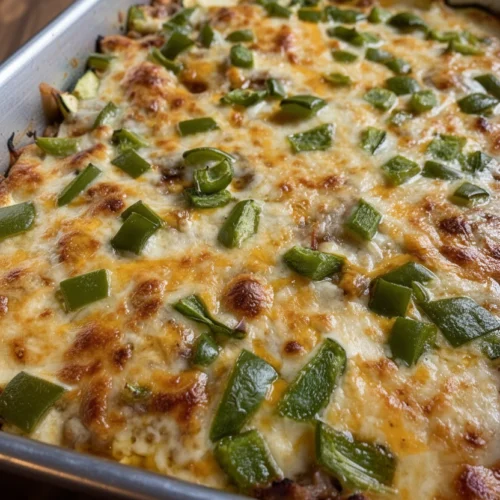 Zucchini Pizza Bake Recipe: A Family Favorite 2 Zucchini pizza bake with melted cheese and green peppers in a baking dish