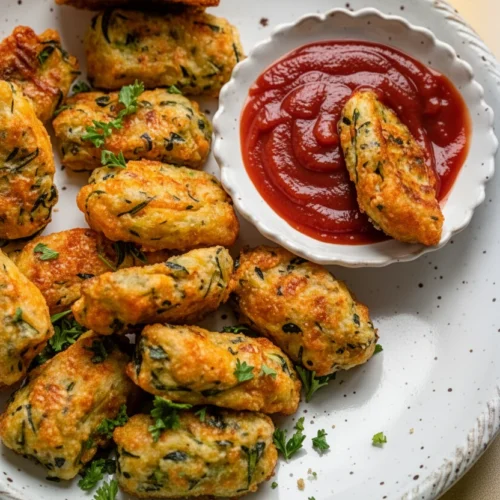 Crispy zucchini tater tots with ketchup on a white plate