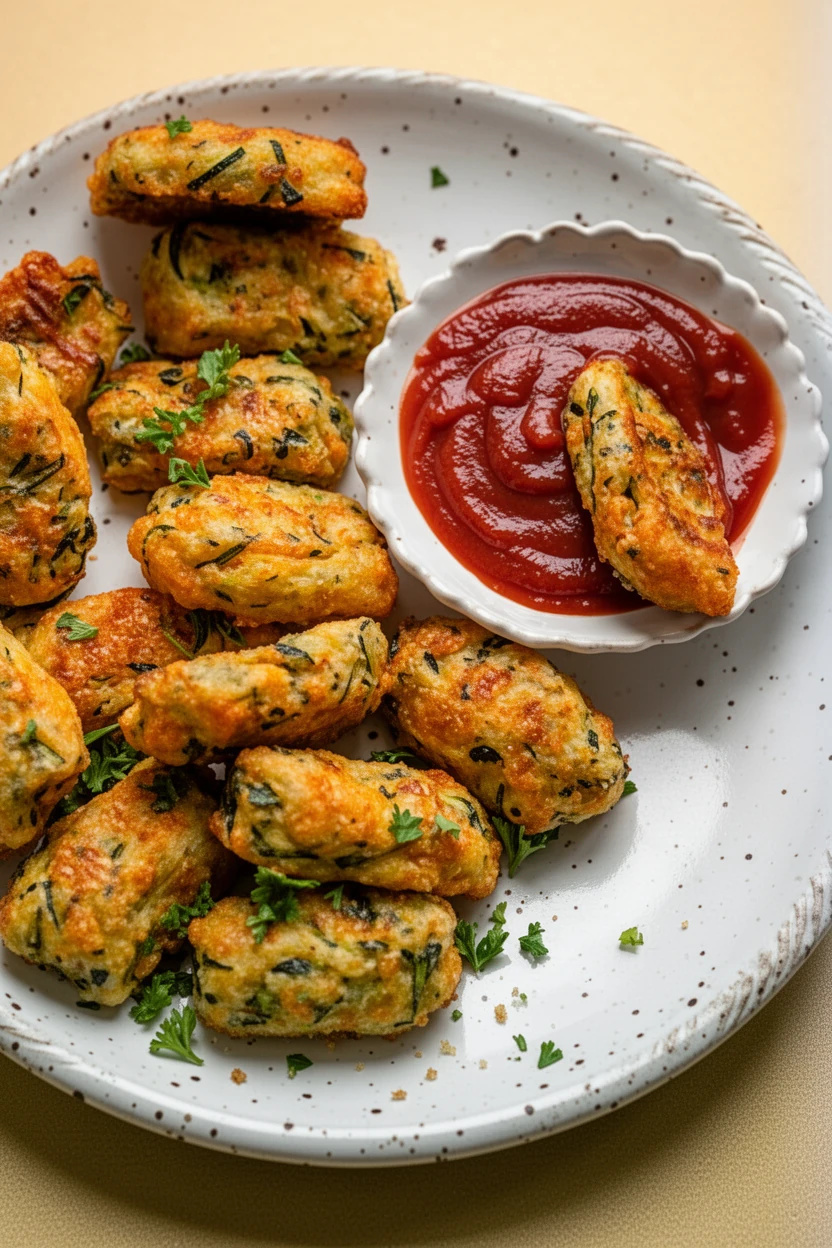 Crispy zucchini tater tots with ketchup on a white plate
