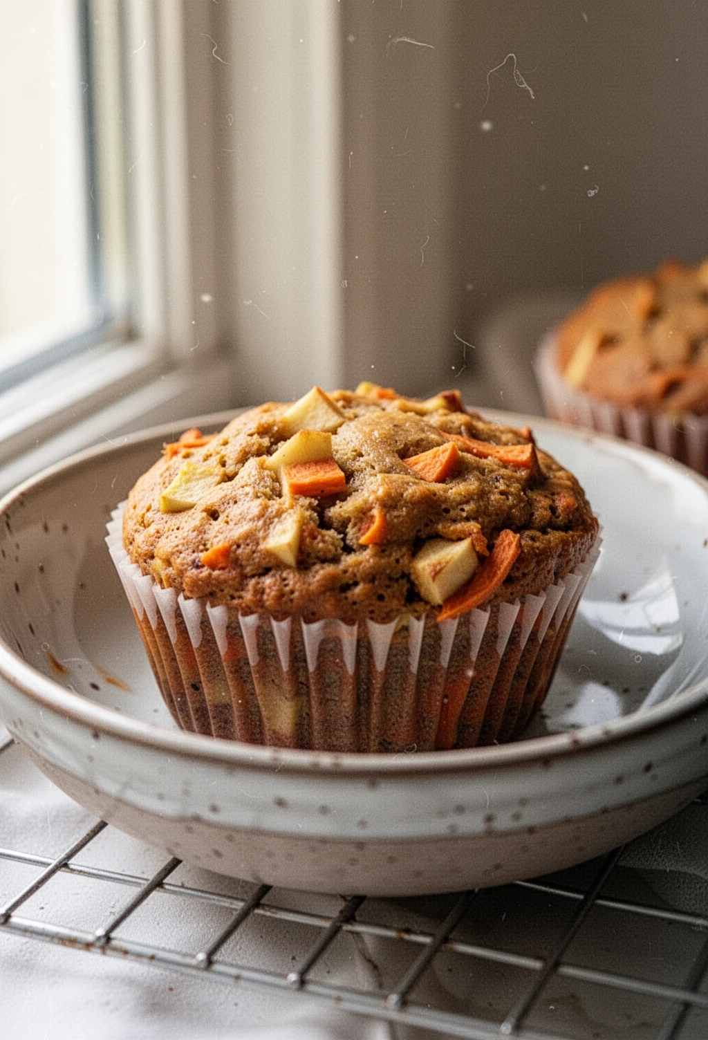1-Bowl Carrot Apple Muffins Moist and Flavorful Moist 1-bowl carrot apple muffin with visible carrots, apples, and raisins on a cooling rack