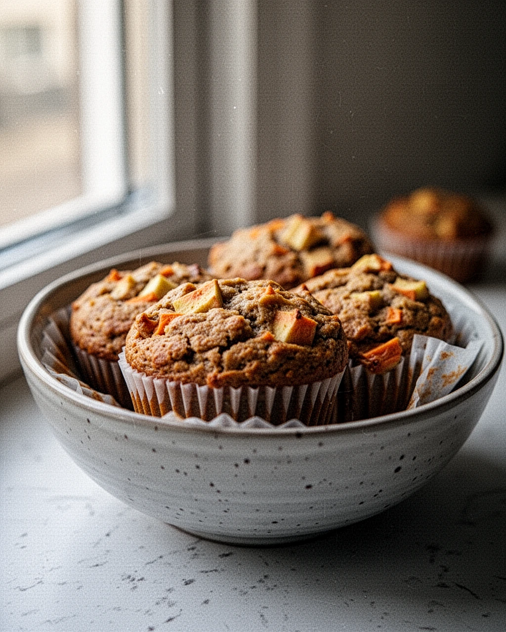 1-Bowl Carrot Apple Muffins Moist and Flavorful Moist 1-bowl carrot apple muffin with visible carrots, apples, and raisins on a cooling rack