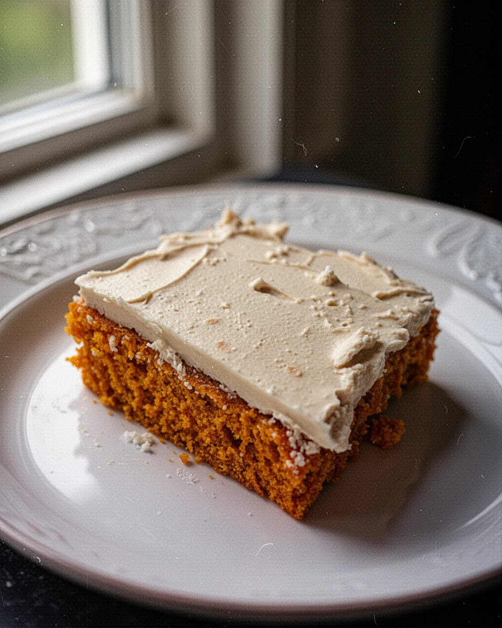 Moist 2 ingredient pumpkin cake slice with white frosting on a white plate