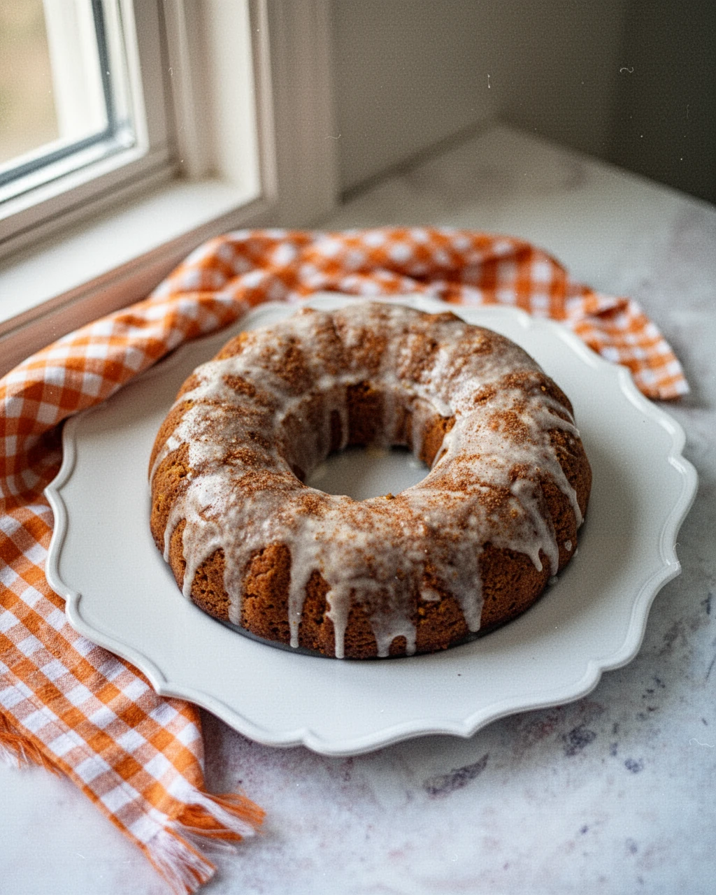 2 ingredient pumpkin spice cake with white icing on a white plate and orange checkered napkin