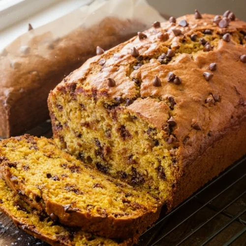 Allrecipes banana pumpkin bread with chocolate chips on cooling rack