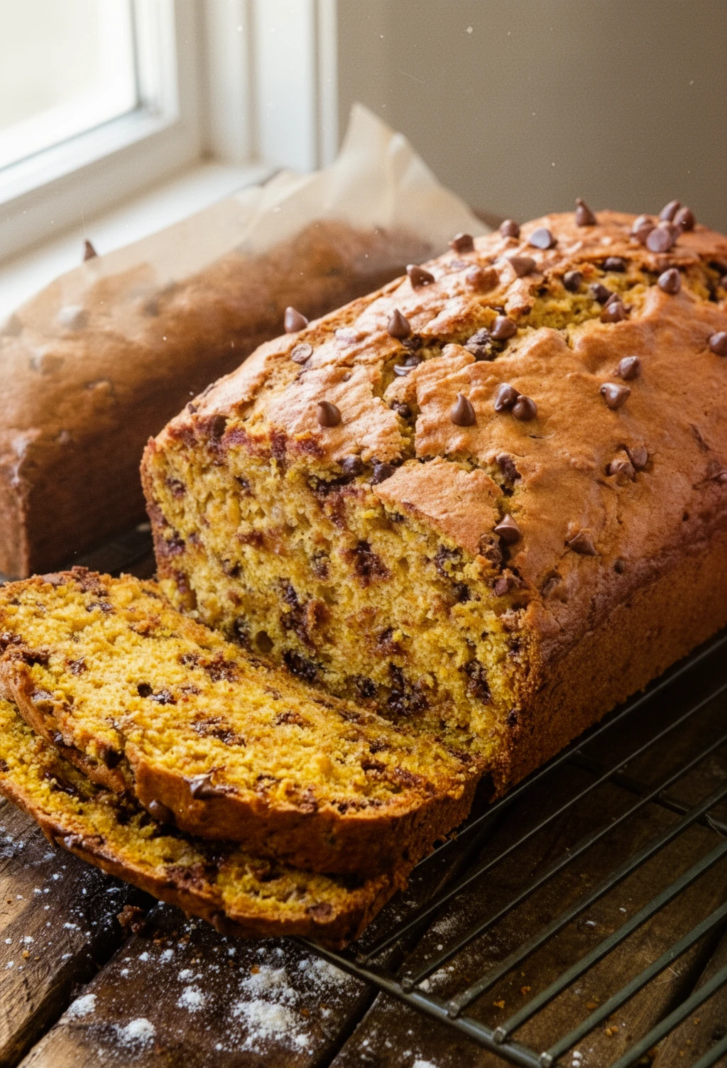 Allrecipes banana pumpkin bread with chocolate chips on cooling rack