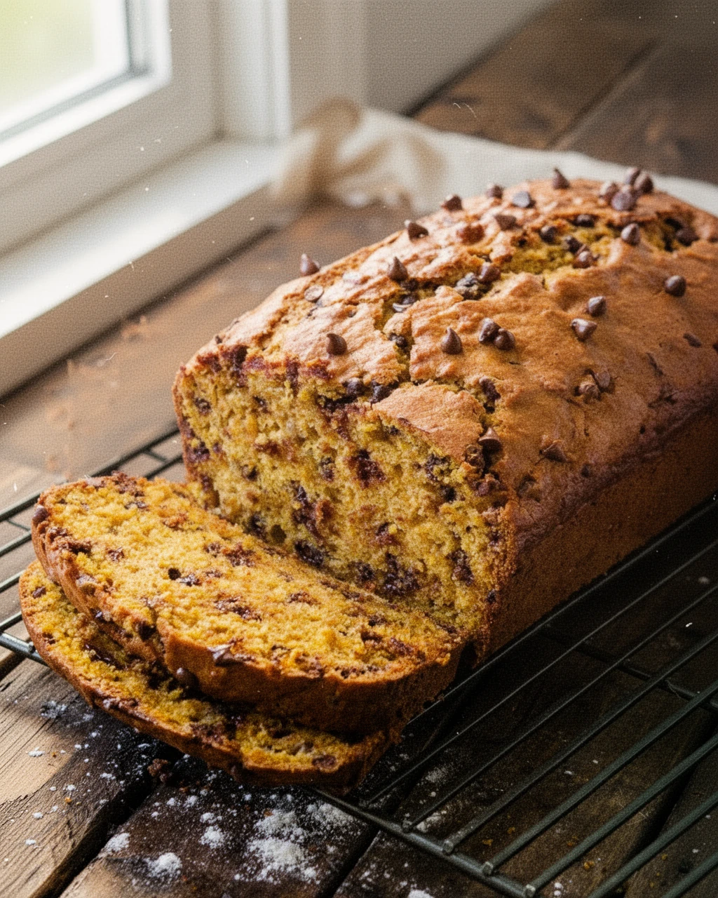 Allrecipes banana pumpkin bread with chocolate chips on cooling rack
