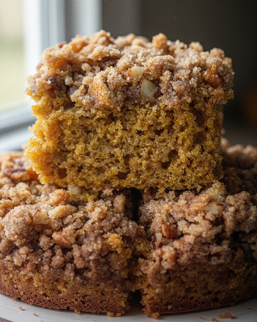 Moist Amish pumpkin coffee cake with crunchy streusel topping and pecans