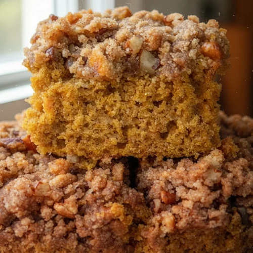 Amish pumpkin coffee cake with crunchy streusel topping and pecans