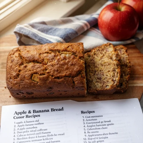 Moist apple and banana bread loaf with visible fruit chunks, sliced on wooden board