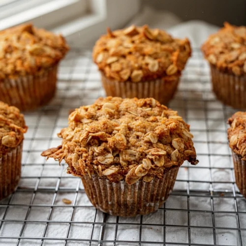 Apple carrot muffins with oat topping cooling on a wire rack