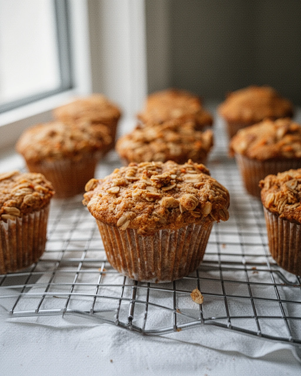 Apple carrot muffins with oat topping cooling on a wire rack