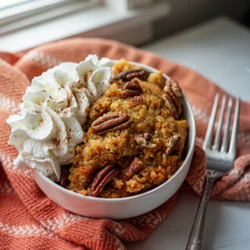 The Best Crockpot Pumpkin Cobbler: A Cozy Delight 1 Best crockpot pumpkin cobbler with whipped cream and pecans in a white bowl