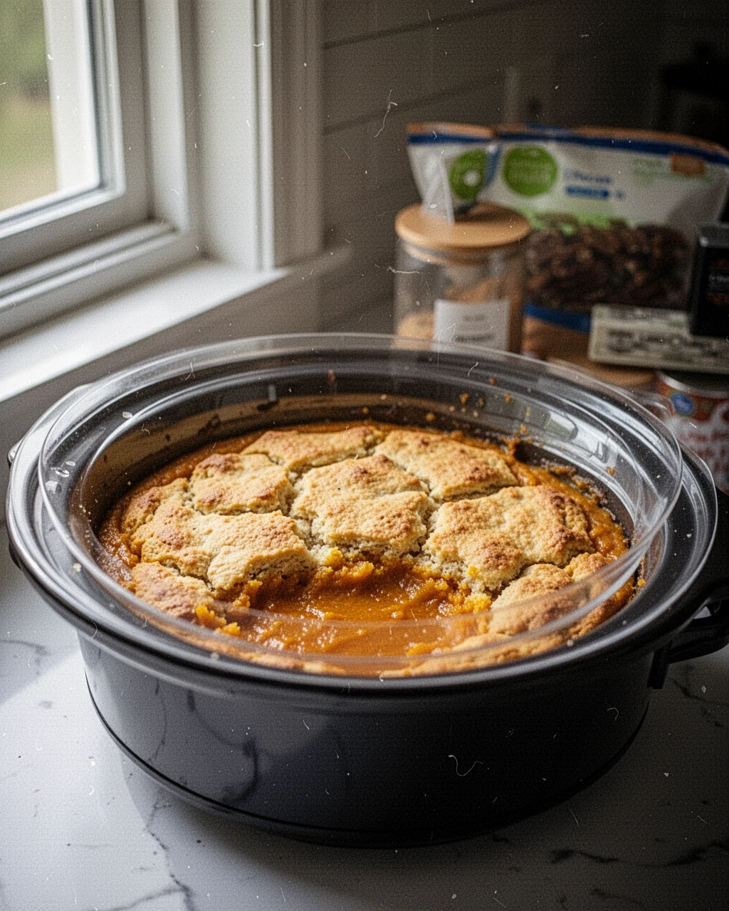 Best Crockpot Pumpkin Cobbler Ingredients Ingredients for best crockpot pumpkin cobbler including pumpkin puree, cake mix, and spices