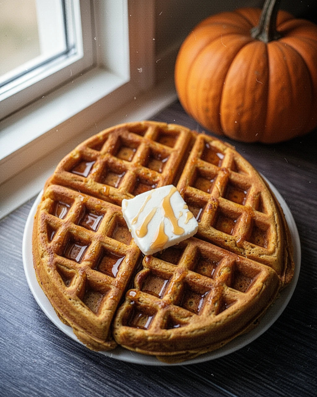 Golden pumpkin waffles with butter and syrup, best pumpkin waffles recipe