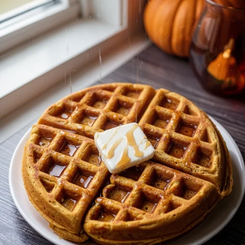 Golden pumpkin waffles with butter and syrup, best pumpkin waffles recipe