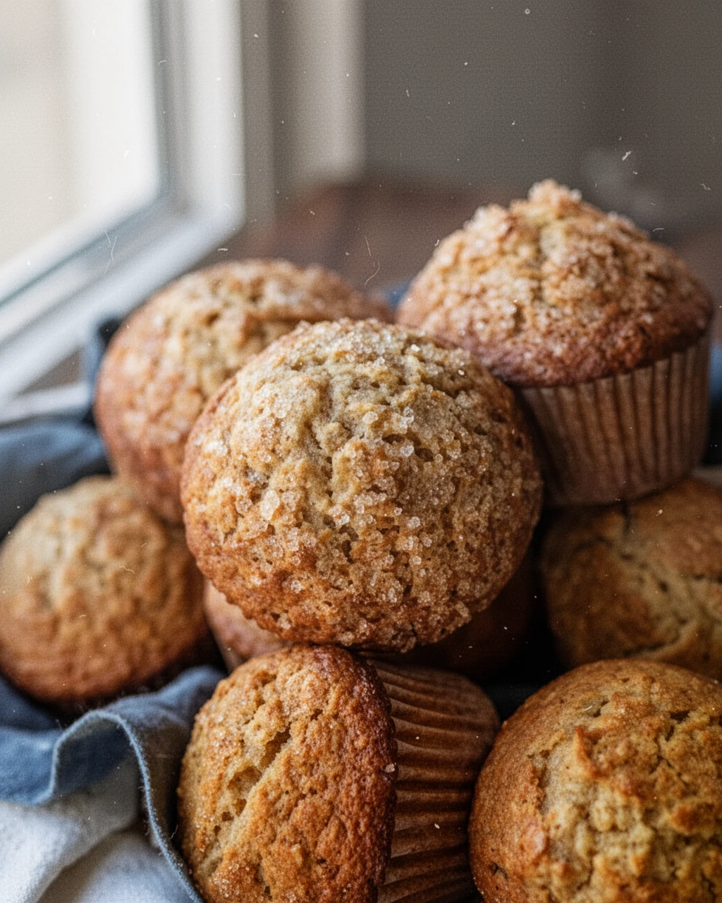 Golden brown sugar breakfast muffins with crunchy sugar topping, piled in a basket.