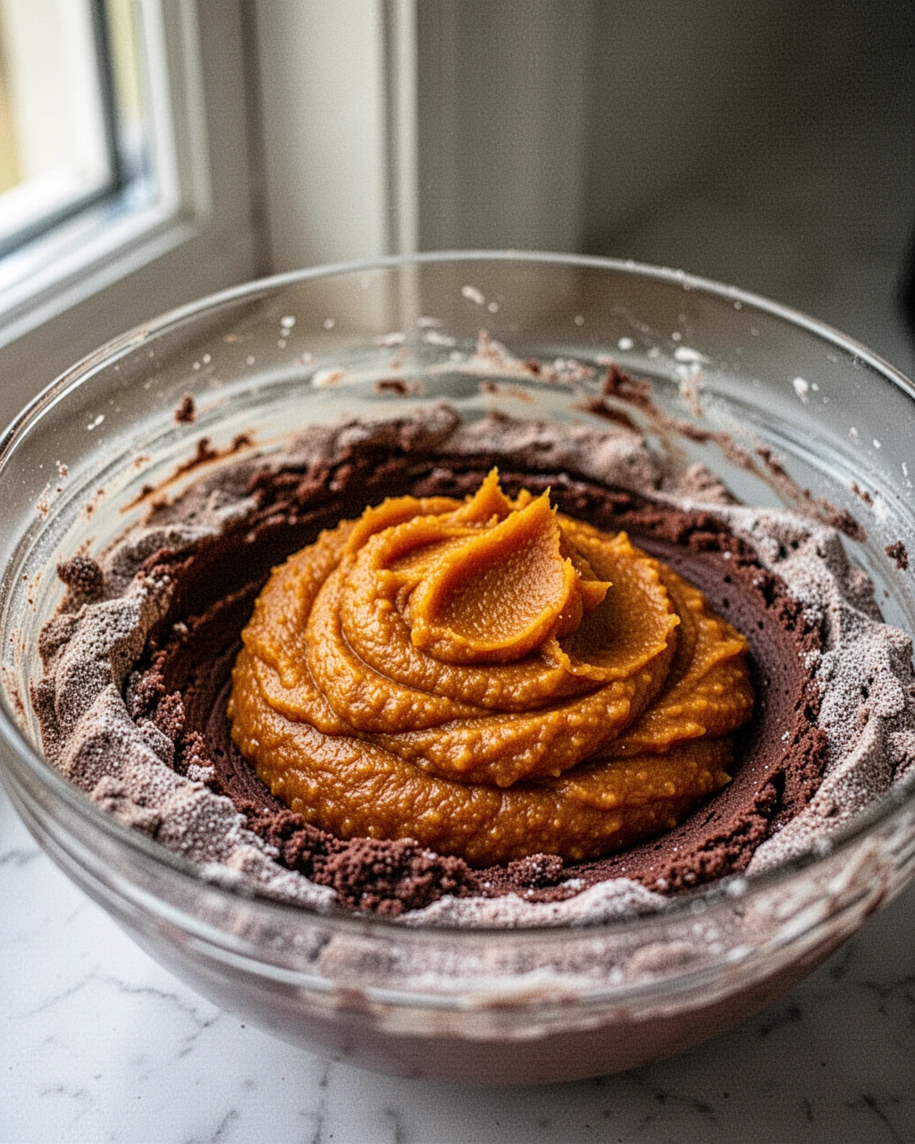 Stack of brownie mix with pumpkin puree on a white stand