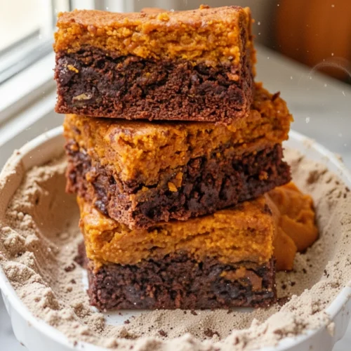 Stack of brownie mix with pumpkin puree on a white stand