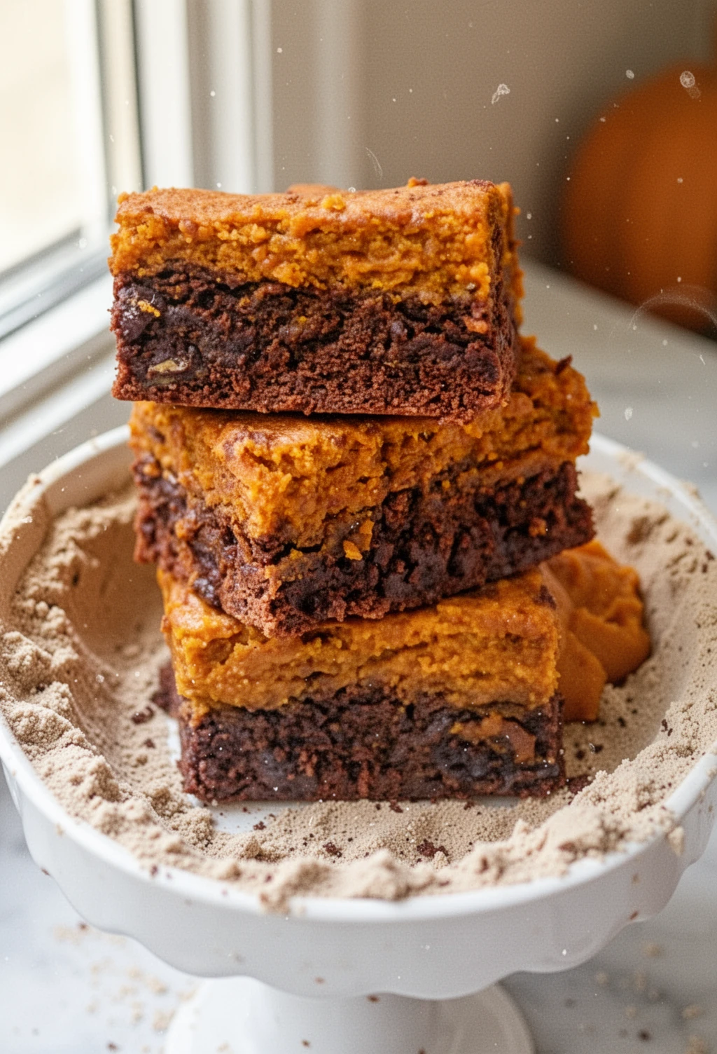 Stack of brownie mix with pumpkin puree on a white stand