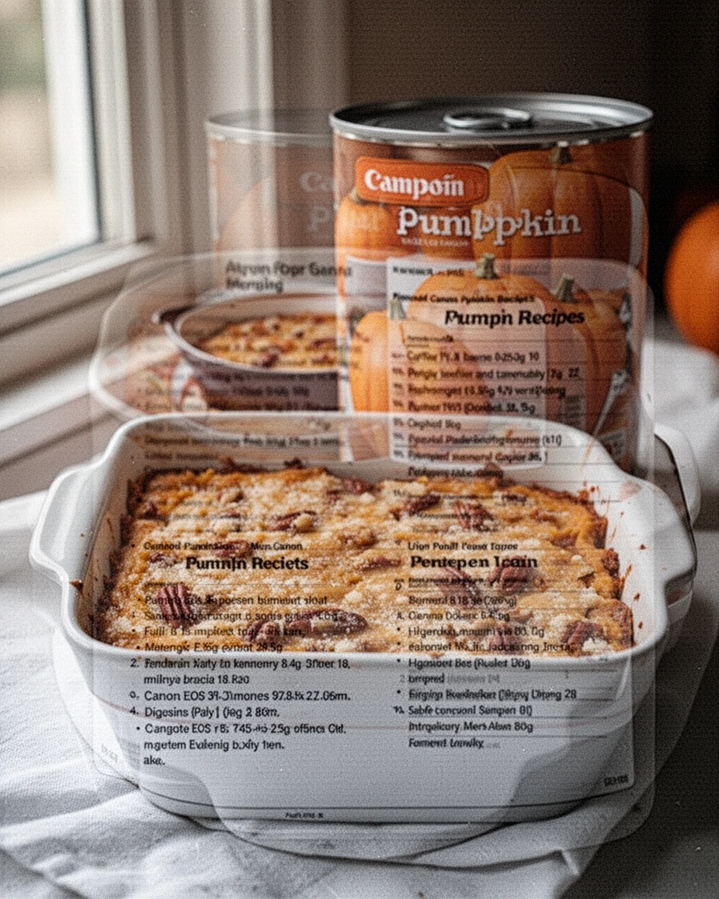 Canned pumpkin dump cake with pecan topping in white baking dish