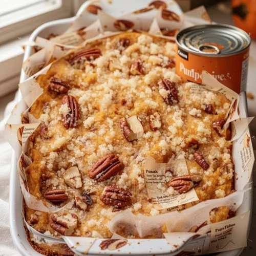 Canned pumpkin dump cake with pecan topping in white baking dish