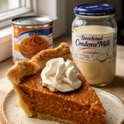 Slice of canned pumpkin and sweetened condensed milk pie with whipped cream on a speckled plate