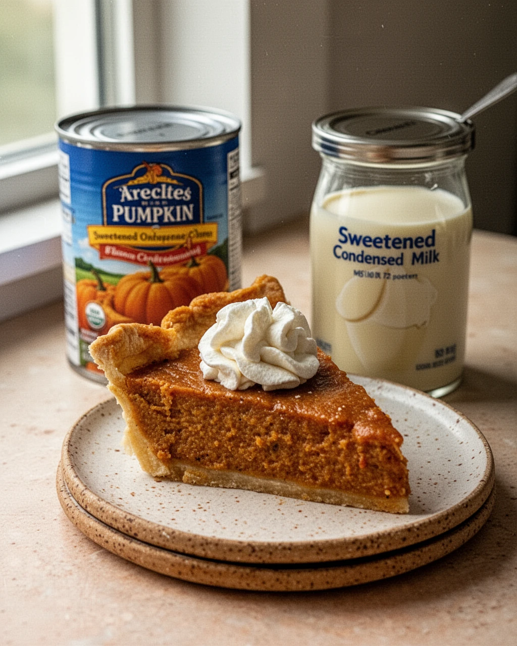 Slice of canned pumpkin and sweetened condensed milk pie with whipped cream on a plate