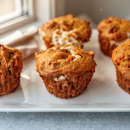Carrot and pumpkin muffins with cream cheese filling on a white plate